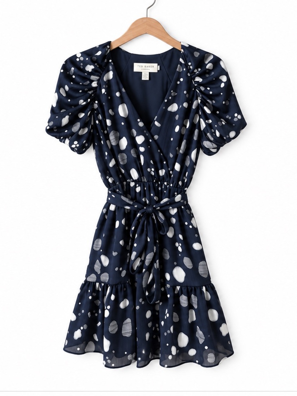 Ted Baker Navy Blue Ivory Polka Dot Wrap Belted Puff Sleeve Ruffle Hem Mini US 4 - Picture 4 of 9